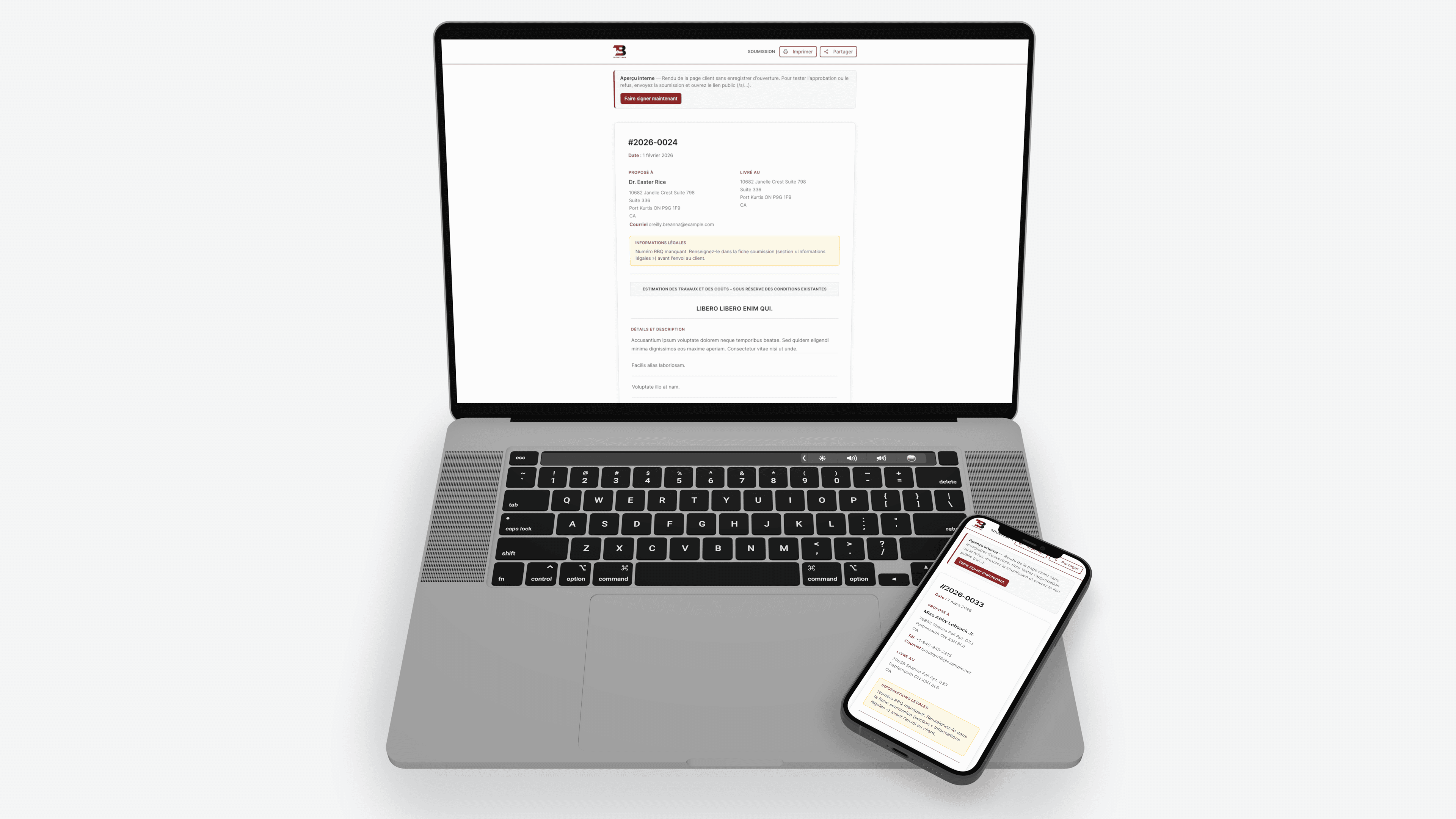Vue client de l'application TB Toitures