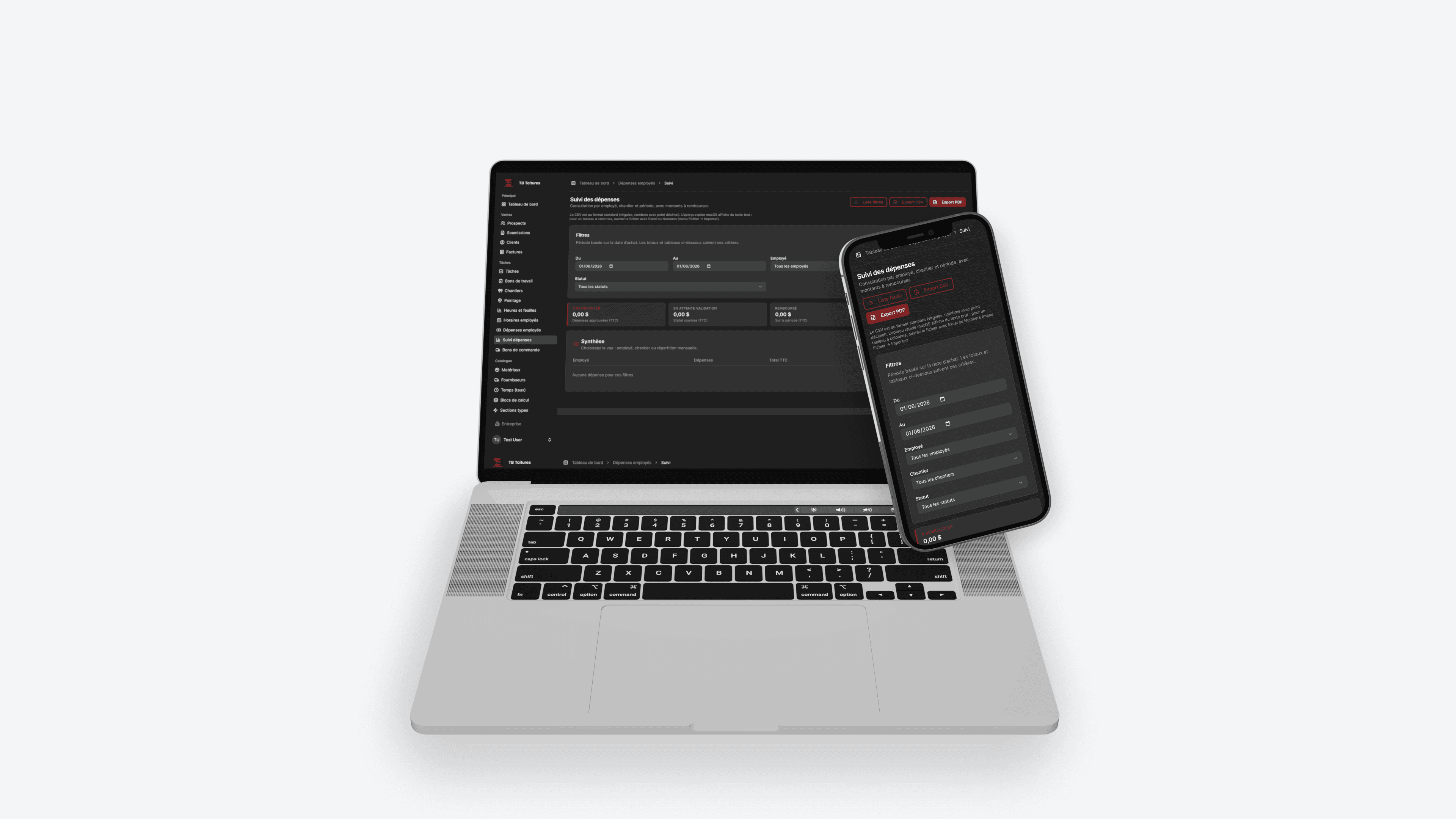 Suivi des dépenses — application TB Toitures